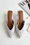 Ozy Women's Pointed Toe Low Heeled White Polka Dot Heeled Slippers 4cm - 4