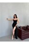 Black Stone Strap Draped Glittering Slit Evening Dress - 3