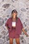 Burgundy Striped Top Standard Shirt Shorts Set