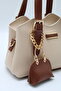 Women's Cream-Tan Crossbody Hand and Shoulder Bag with Front Accessory Detail and Charm Accessory - 6