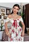 Ecru Red Floral Patterned Gipeli Lace-Up Madonna Collar Corset Detailed Long Dress - 5