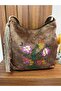Brown Nubuck Fabric Straw Strap Tassel Floral Embroidered Shoulder Bag - 3