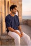 Godard Relax Fit 100% Cotton Muslin Fabric Double Sleeve Crew Neck Men's T-Shirt - Navy Blue - 3