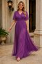 Women's Double Breasted Collar Short Sleeve Tulle Sleeve Lycra Stretchy Glitter Lined Long Plum Evening Dress - 2