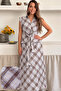 Women's Brown Plaid Patterned Belted Skirt Lined Bottom-Top Two-Piece Linen Set - 7