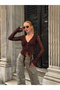 Women's Brown V-Neck Front Lace-Up Ruffle Transparent Lace Crop Blouse Cardigan Bell Sleeve - 2