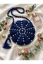 Pearl Embellishment Detailed Round Macaron Straw Navy Blue Color Bag / Handmade Bohemian Crossbody Bag - Hand Knitted Embroidered
