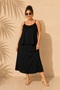 Women's Black Plus Size 2-Piece Set with Adjustable Straps, Elastic Waist at the Bottom, Satin Straps, Midi Skirt - 2