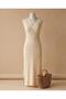 100% Cotton Leaf Pattern Long Knitwear Beach Dress with Elastic Waist - 2