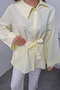 Women's Belted Oversize Shirt with Wide Collar and Lace Cuff Detail, Long Sleeve Stylish Tunic Shirt - 4