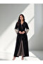 Women's Crushed Velvet Belted Abaya - Jacquard Floral Panel & Satin Trim Kimono