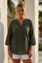 Khaki Hakim Collar 3/4 Sleeve Buttoned Embroidered Casual Muslin Woven Blouse 68 55