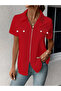 Women's short sleeve jacket with collar, zipper front, and pocket detail, imported crepe blouse with short sleeves.
