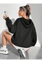 Women's Black Three Star Printed Hooded Hoodie Sweatshirt - 2