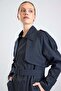 Long Trench Coat with Cape and Epaulette Detail, Button Accessories, Water Repellent Feature, Dark Blue 6880 - 3
