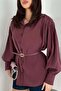 Women's Plum Modal Shirt with Belt, Buttoned Balloon Sleeves, Cuffed Long Sleeves - 3