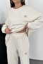 Women's Ecru Sweatshirt-Pants Set Ribbed Textured Oversized Crew Neck Sweatshirt and Wide Leg Pants - 4