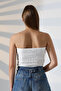 Slim Fit Jacquard Vienna Front 4-Button Women's Strapless Crop Tank Top 22057 Ecru - 4