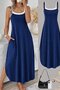 Women's Rope Strap Round Neck Long Viscose Dress with Pockets