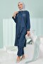 Navy Blue Pocket Stone Detailed Tunic and Trousers Denim Set