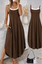 Women's Rope Strap Round Neck Long Viscose Dress with Pockets