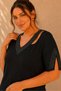 Women's Low-Cut Shoulder Cut-Out Sleeve Stone Detail V-Neck Side Slit Short Sleeve Stretchy Viscose Blouse
