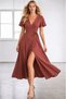 Women's short sleeve double-breasted collar waist belted slit midi viscose dress - 2