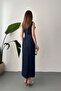 Women's Blue Sleeveless Belted Buttoned Pocketed Slit Maxi Denim Dress - 5