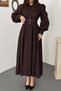 Women's Brown Brode Scallop Belted High Neck Balloon Sleeve Midi Dress - 4