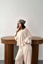 Women's Beige Modal Boat Neck Off-Shoulder Long Sleeve Blouse Trousers Set - 3