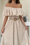Women's Beige Off-The-Shoulder Brode Maxi Dress with Flounce Collar and Flared Cut in Cotton - 5