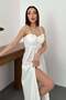 Women's White Strapless Long Evening Dress with Cups and Slits, Atlas Textured - 3