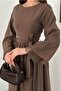 Women's Brown Long Sleeve Lace Cuff Belted A-Line Maxi Dress - 4