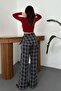 Women's Navy Blue Plaid High Waist Belted Side Tie Wide Leg Pants - 5