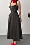 Women's Black Polka Dot Strappy Square Neck Buttoned Pocketed Maxi Dress - 4