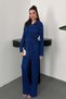 Women's Cobalt Blue Shirt-Pants Set Twill Shirt Pants Set Lace-Up Waist Buttoned Long Sleeve Wide