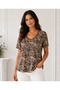 Women's Ground Cream Shawl Patterned Short Sleeve Oval Collar Plus Size Blouse - 3