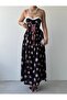 Women's Black Dress with Floral Pattern, Straps, Lace Collar, Long - 2
