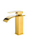Bathroom vanity faucet, gold color, single-handle waterfall design, water-saving.