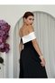 Women's Black Dress Strapless Collar Contrast Detailed High Waisted Long Evening Dress - 5