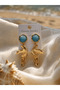 Gold Leaf Figured Cat's Eye Stone Women's Dangle Earrings Stylish Modern Gold Earrings