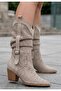 Meria Beige Suede Laser Cut Cowboy Heeled Boots - 2