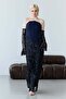 Navy Blue Strapless Corset Detailed Sequin Embroidered Long Evening Dress - 4