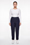 Women's Navy Blue Winter High-Waisted Trousers with Stone Detail on the Cuffs and Waist