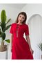 Women's Red Midi Dress with Stone Bow Detail, Crew Neck, Short Sleeves - 5