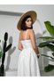 Women's Ecru Strappy Scallop Textured Square Neck Gathered Waist Long Dress - 5