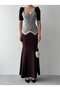 Women's Coffee Midi Dress Heart Collar Lace Detailed Balloon Sleeve Evening Dress - 3