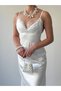 Women's Ecru Strappy V-Neck Lace Detailed Satin Midi Event Dress - 3