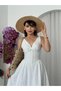 Women's White Scallop Embroidered V-Neck Strap Midi Dress with Tie Detail - 3