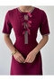 Women's Burgundy Midi Dress with Stone Bow Detail, Crew Neck, Short Sleeves - 6